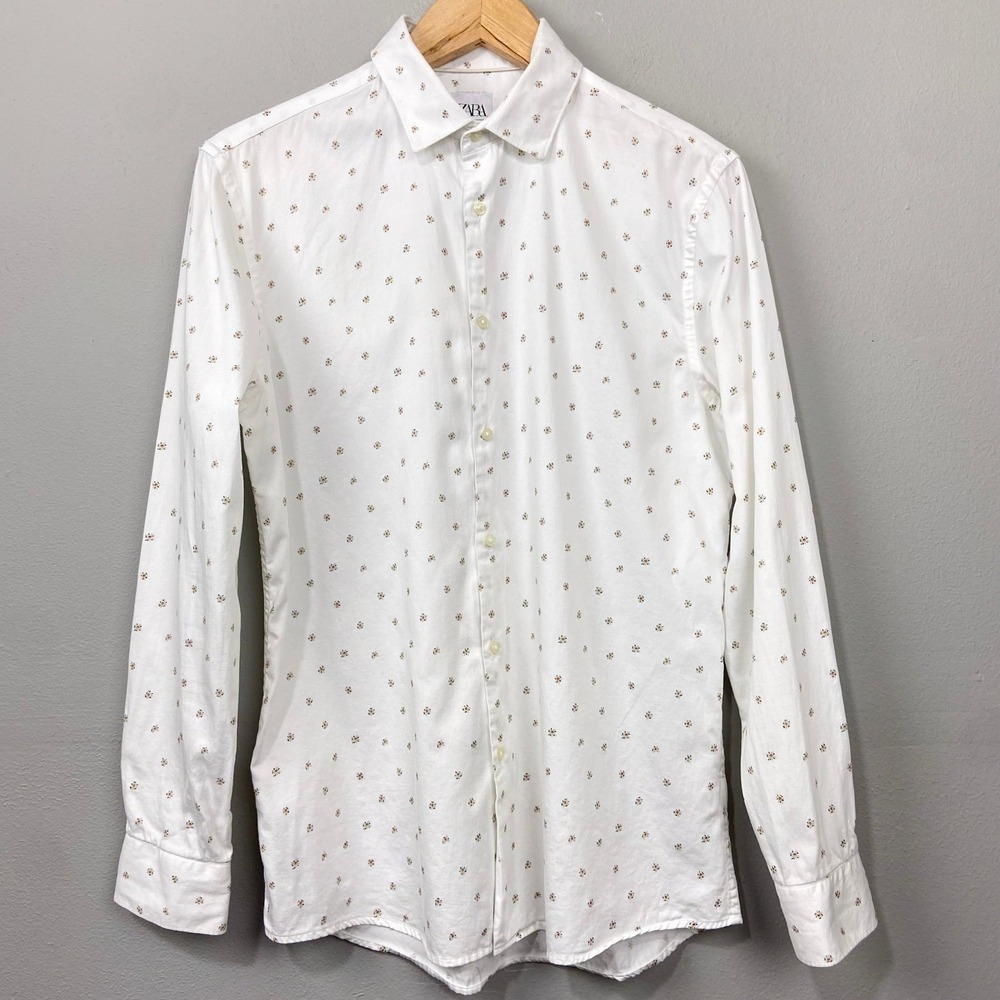 Zara Button Down Shirt Sz L White Slim Fit Floral Print Long Sleeve Preppy Indie